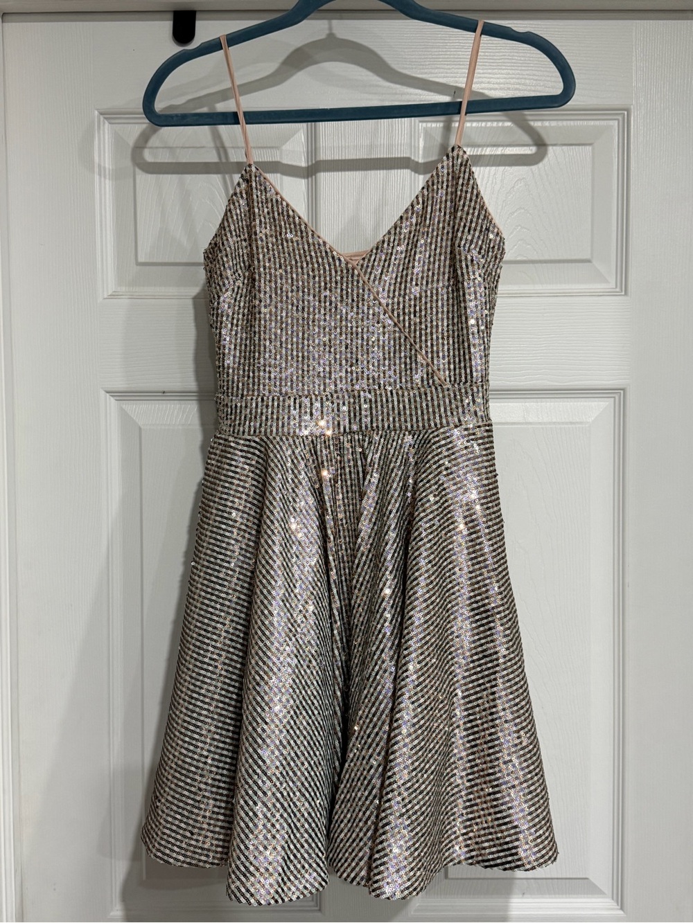 bebe Silver Metallic Striped Spaghetti Strap Mini Dress
